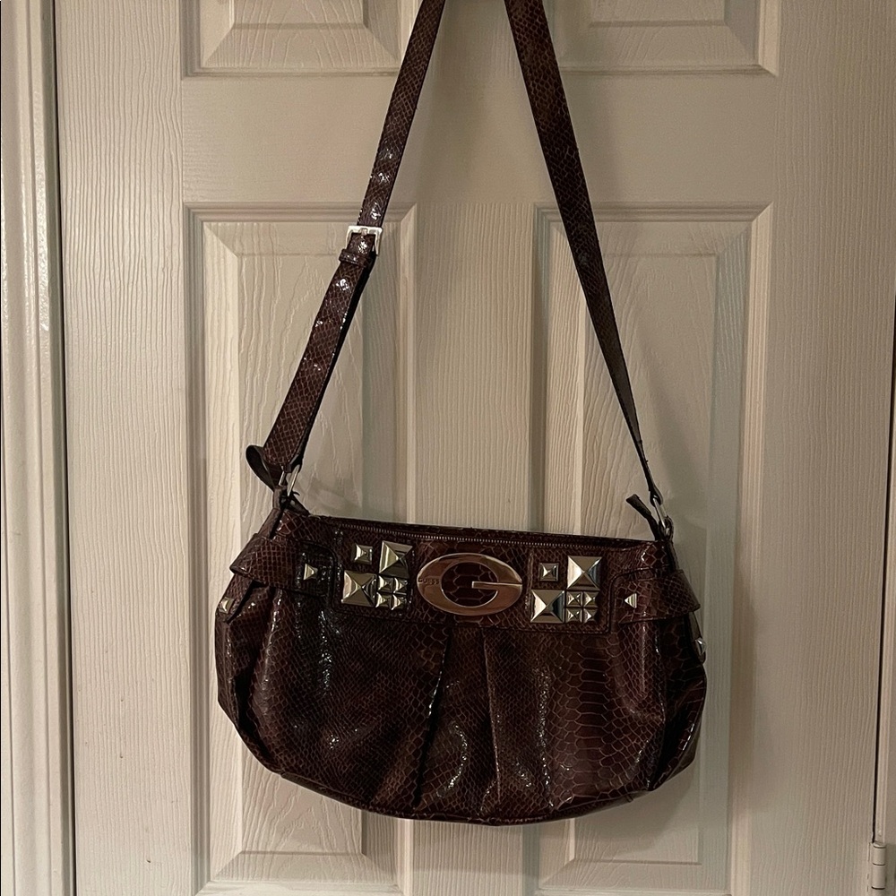 Guess Brown Snakeskin Shoulder Bag with Silver Studs
